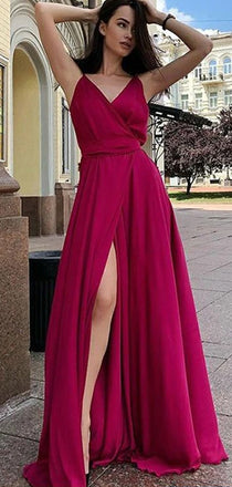 Simple Spaghetti Straps V Neck Side Slit Long Evening Prom Dresses, MD387