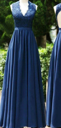 Simple V Neck A Line Backless Lace Top Floor Length Long Prom Dresses, MD386