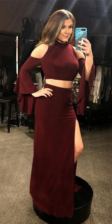 Unique Two Pieces Strapless Shoulder Mermaid Side Slit Long Prom Dresses, MD430