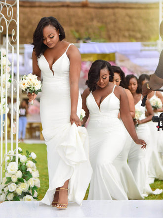 Mismatched V-neck White Cheap Mermaid Long Bridesmaid Dresses,SW1050