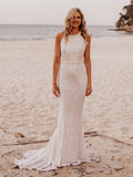 Halter Mermaid Simple Lace Sequin Sleeveless Wedding Dresses,SW1168