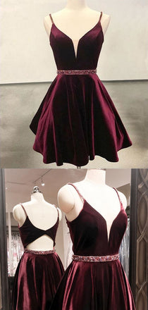 Simple Spaghetti Strap V Neck Open Back A Line Short Homecoming Dress, BTW183