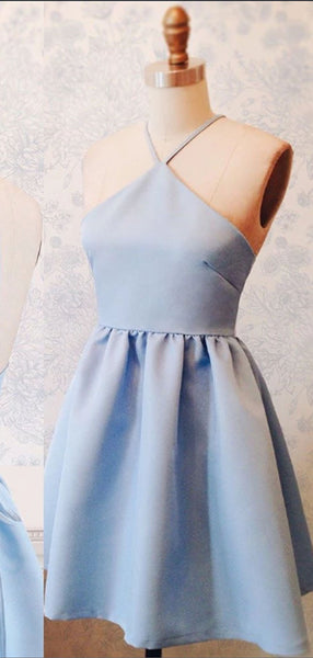 Simple Halter Light Blue Lace Up Satin A Line Short Homecoming Dress, BTW185