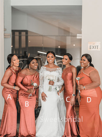 Mismatched One-shoulder Pleats Mermaid Sleeveless Bow knot Elegant Simple Long Bridesmaid Dresses,SWE1276