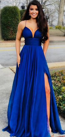 Simple Spaghetti Strap A Line Side Slit Floor Length Long Prom Dresses, MD465