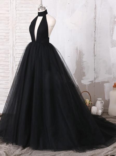 Pretty Black Halter Tulle Ball Gown Open Back A Line Long Prom Dresses, MD418