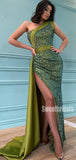 Simple One-shoulder Side Slit Mermaid Sequin Evening Prom Dresses,DPB179