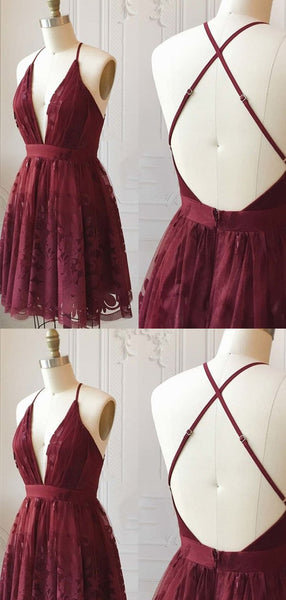Elagant Deep V Neck Criss-Cross Lace A Line Short Homecoming Dresses, BTW207