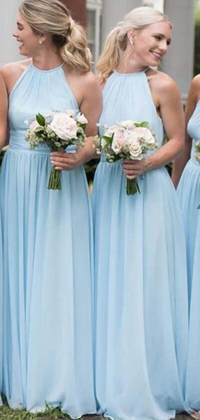 Cheap Light Blue A Line Halter Sleeveless Chiffon Long Bridesmaid Dresses, SW1035
