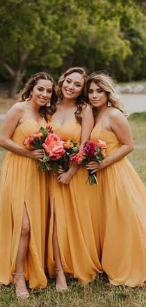 Simple Spaghetti Strap A Line V Neck Side Slit Chiffon Long Bridesmaid Dresses, SW1011