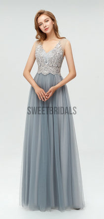 Elegant V Neck Lace Top Tulle A-line Floor Length Long Prom Dresses, MD606