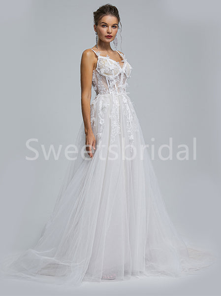 Elegant Spaghetti straps V-neck A-line Lace applique Wedding Dresses, DB0262