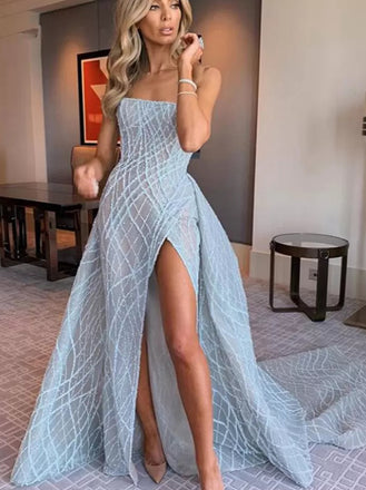 Sexy Strapless Sleeveless Side slit A-line Prom Dresses,SW1930