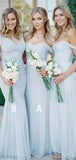 Mismatched Light Blue A Line Off The Shoulder Chiffon Long Bridesmaid Dresses, SW1027
