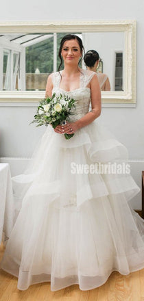 Vintage Ivory Ruffles Organza Applique Sleeveless Tiered Ball Gown Wedding Dresses, WD0098