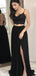 Sexy Black Two Pieces Spaghetti Straps Side Slit Long Prom Dresses, MD392