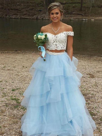 Two Piece Off Shoulder BLue Organza Ivory Lace Prom Dresses, DB1119