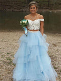Two Piece Off Shoulder BLue Organza Ivory Lace Prom Dresses, DB1119