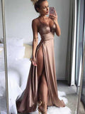Sexy Spaghetti Strap High Side Slit A Line Long Evening Prom Dresses, PD0034