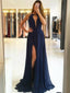 Pretty Navy Blue Lace Top Deep V-Neck Halter Side Slit Evening Prom Dresses ,MD363