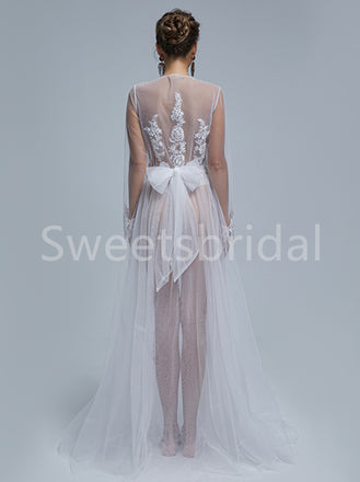 Sexy V-neck Long sleeves A-line Lace applique Wedding Dresses, DB0265