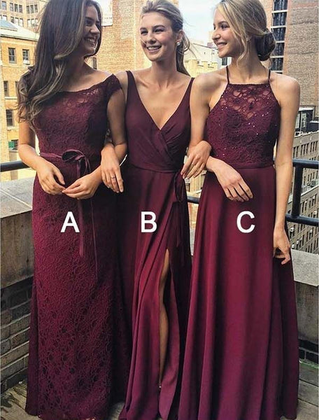 Burgundy Charming A/B/C Pattern Bridesmaid Dresses,Long Bridesmaid Dresses, SW1005