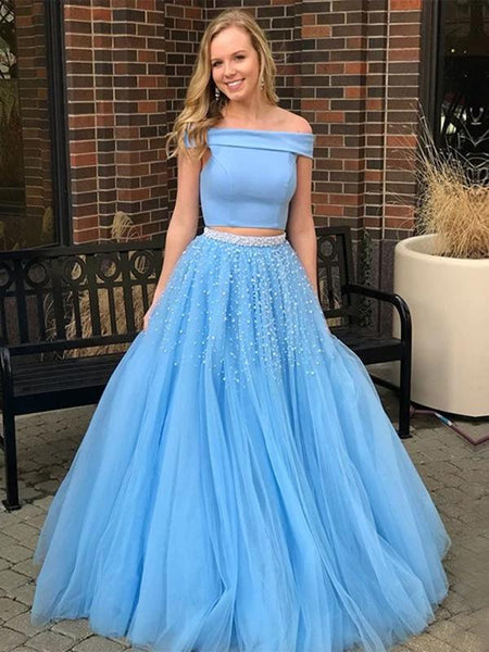 Fashion Blue Off Shoulder Two Piece Beaded Prom Gown Dresses ,DB0065