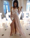 Pretty Lace Applique V Neck A Line Side Slit Chiffon Long Bridesmaid Dresses, SW1034