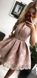 Sexy Halter Sleeveless Satin A Line Lace Applique Short Homecoming Dress, BTW182