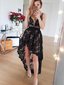 Unique Deep V Neck Sleeveless Black Lace High Low Homecoming Dress, BTW167