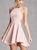 Simple Backless Pink Sexy Halter A Line Mini Short Homecoming Dress, BTW155