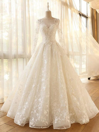 Pretty A Line Long Sleeves Floor Length Lace Applique Tulle Long Wedding Dresses, MD444