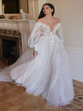 Simple V-neck Off-shoulder A-line Lace applique Wedding Dresses , DB0252