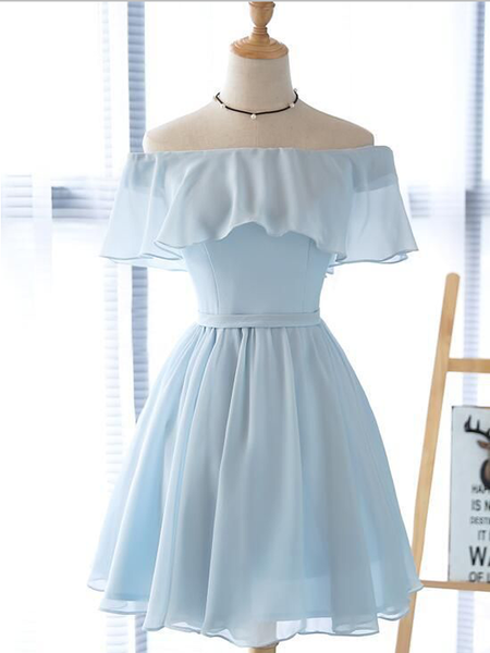 Simple Off The Shoulder Light Blue Chiffon A Line Short Homecoming Dress, BTW184