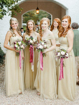 Gold Tulle Convertible Sleeveless Sweetheart Elegant  Long A-line Bridesmaid Dresses, WG200