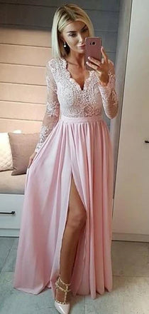 Sexy V Neck Long Sleeves A Line Side Slit Long Prom Dresses ,MD356