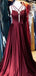 Fashion Spaghetti Straps Deep V Neck Burgundy Satin Long Prom Dresses, MD402