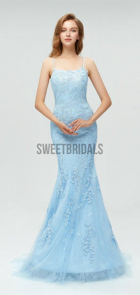 Discount Spaghetti Strap Light Blue Lace Applique Mermaid Long Prom Dresses, MD605
