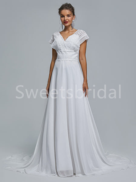 Elegant Cap sleeves V-neck A-line Lace applique Wedding Dresses,DB0267