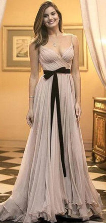 Simple Spaghetti Straps V Neck Floor Length Long Chiffon Prom Dresses, MD401