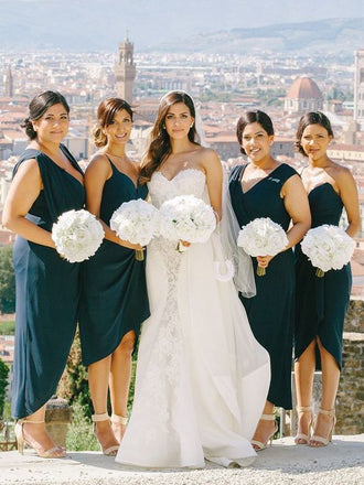 Dark Navy High Low Ankle Length Sleeveless Bridesmaid Dresses, WG32