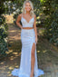 Simple V-neck Two-piece Spaghetti Strap Sequin Side Slit Long Prom Dresses.SW1146
