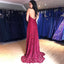 Pretty Halter Burgundy V Neck Backless Side Slit Lace Long Prom Dresses, MD453