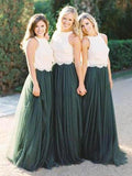 2 Pieces White Lace Teal Green Tulle Long Wedding Bridesmaid Dresses, SW1002
