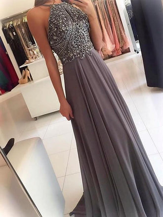 Gorgeous Grey Halter Chiffon With Beading Evening Dress Long Prom Dresses, MD393