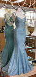 Simple Spaghetti Straps Open Back Sweep Trailing Long Mermaid Prom Dresses, MD395