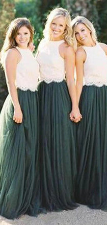 2 Pieces White Lace Teal Green Tulle Long Wedding Bridesmaid Dresses, SW1002