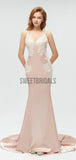 Simple V Neck Lace Applique Backless Mermaid Long Prom Dresses, MD602