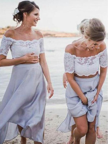 2 Pices Lace Off the Shoulder Short Sleeves Tea Length Wedding Bridesmaid Dresses, SW1001