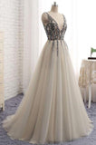 Sweet V Neck A Line Tulle Long Prom Dress with Beading,MD324